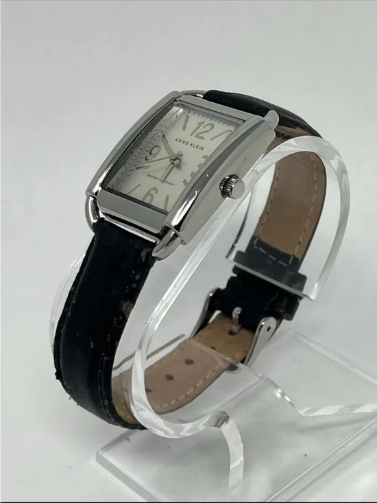Anne Klein Women’s Watch Y121E 10/9997 Black Leather Silver Dial Tank Ladies