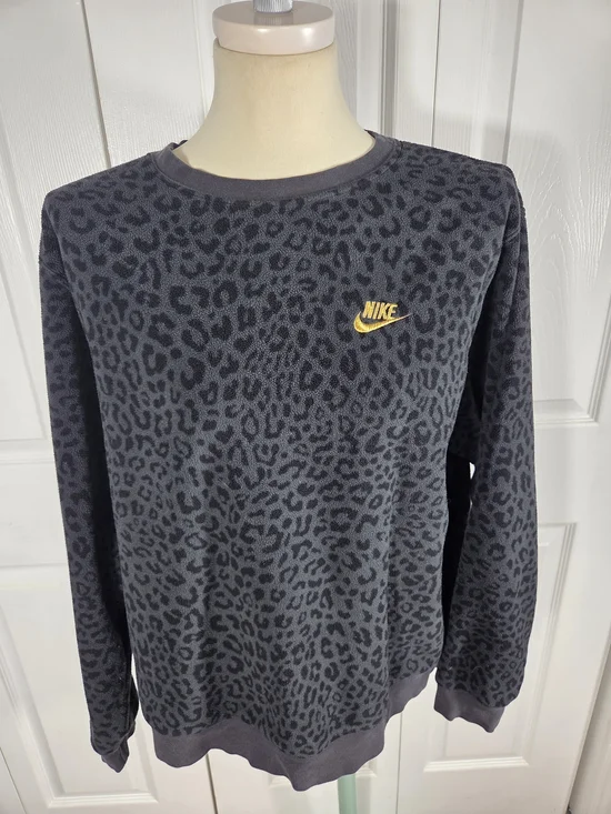 Nike Leopard Print Fleece Crewneck Sweatshirt Black Gold Logo Women's L