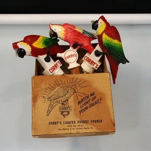 Vintage 1950s Corbys Whiskey 3 Parrot Pourers NOT WORKING Original Box w Manual