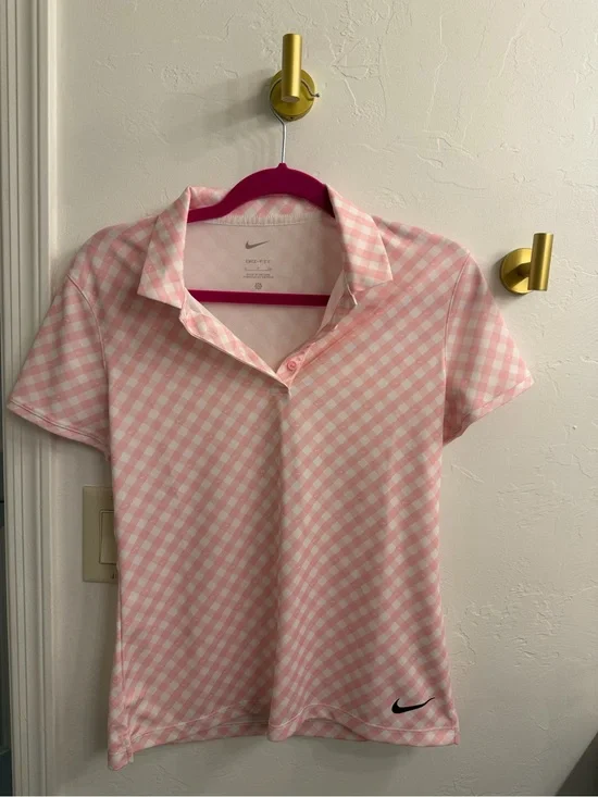 Nike Pink and White Gingham Dri-FIT Polo