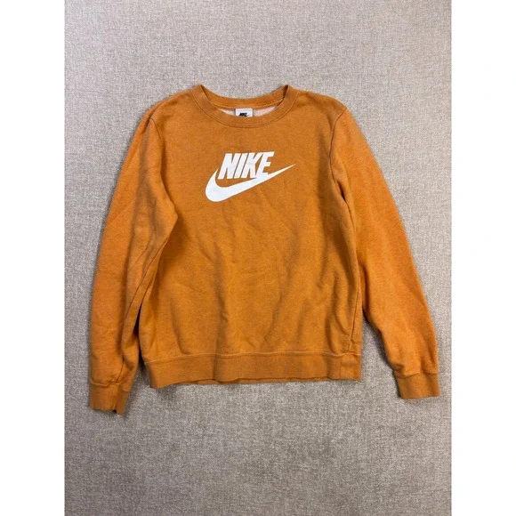 Nike Sportswear Essential Crewneck Sweatshirt Orange White Logo Fleece Womens S