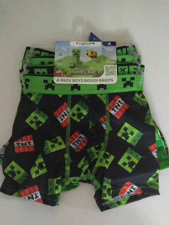 Minecraft Boys 4 Pack Boxer Briefs - Green & Black TNT  Print Size 4 New