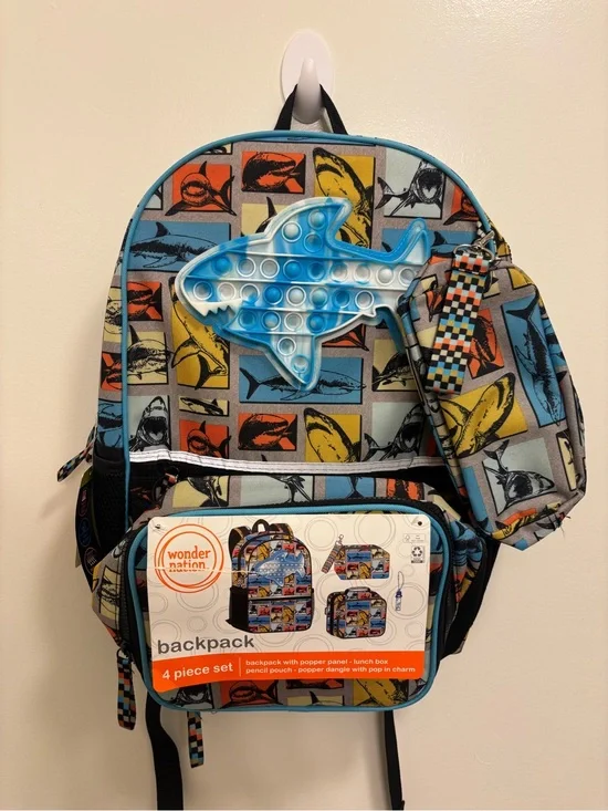 wonder nation Multicolor Shark Popper Backpack Set with Blue Trim