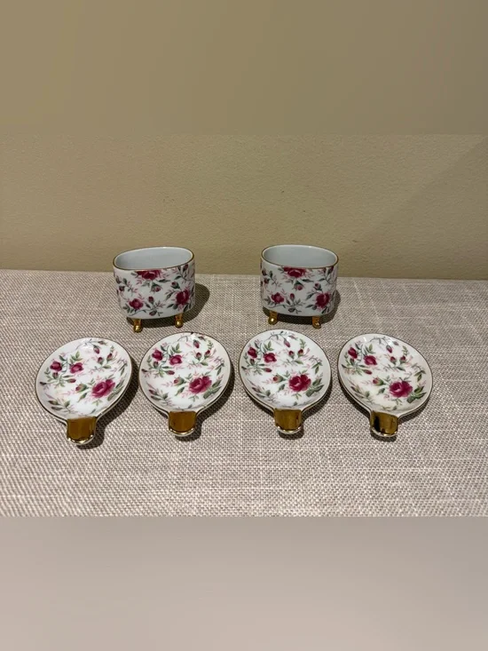 Vintage Lefton Rose Chintz Porcelain Cigarette Holder Ashtray Set 6pc