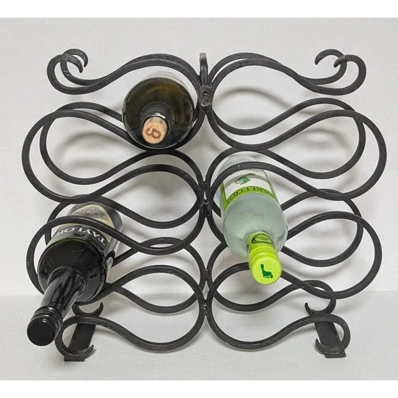 Vtg Hand-Forged Wrought Iron Scroll Design Table/Bar Top Wine Rack (Ten Bottles)