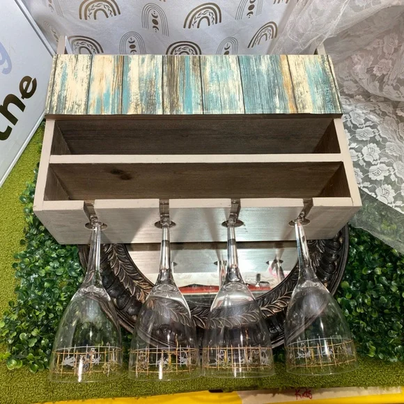 Chic Wooden Coastal Wine Glass Rack with Shelf