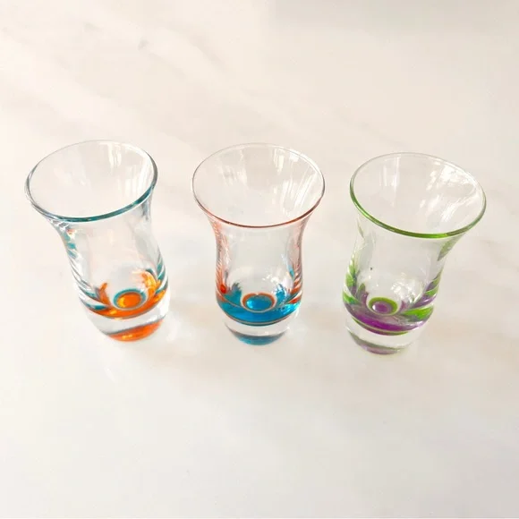 Vintage Dansk Spectra art glass shot cordial glasses set of 3 colorful bases