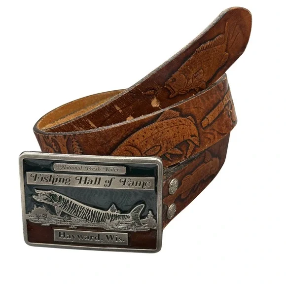 Vintage Fishing Hall of Fame Belt Mens 42 Brown Good Embossed Leather Muskie