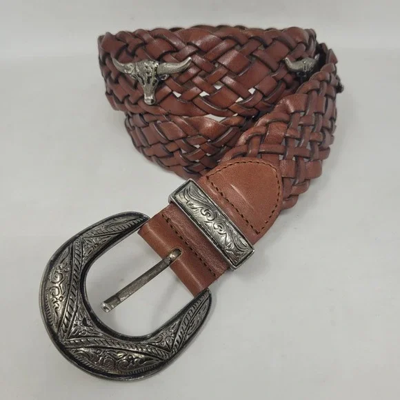 Brown Leather Belt Mens Medium Western Cowboy Rodeo Bull Head Engraved Buckle