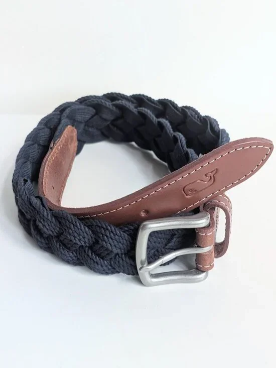 Vineyard Vines Mens Leather & Braided Rope Club Belt Navy Color Size:34 NWOT