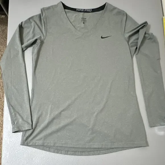 Nike Pro Dri-FIT Womens Compression V-Neck Long Sleeve Shirt Gray XL