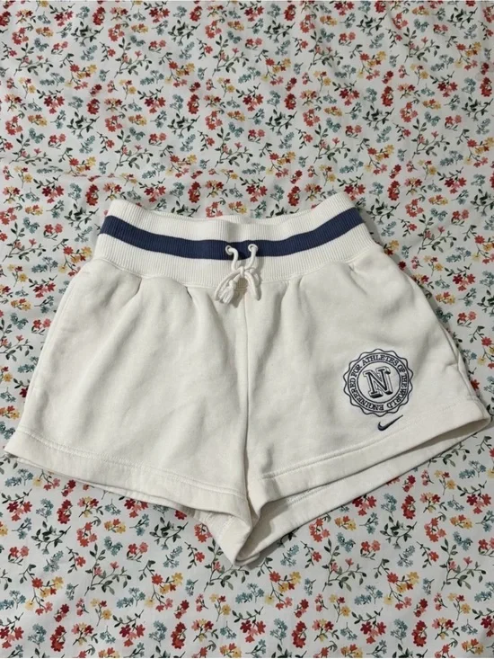 Nike White Athletic Shorts with Navy Waistband and Crest