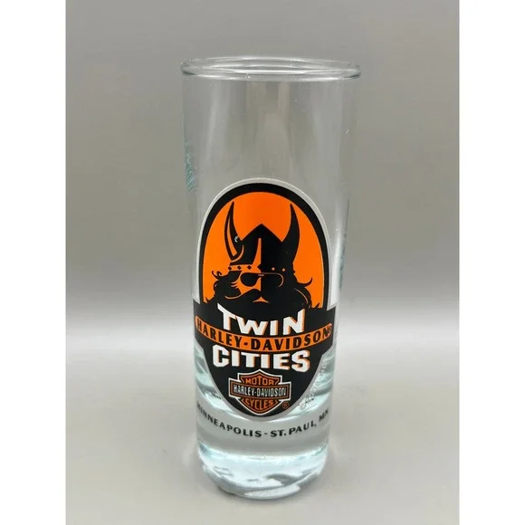 Harley-Davidson Twin Cities Minneapolis St Paul Viking Tall Shot Glass 4.25