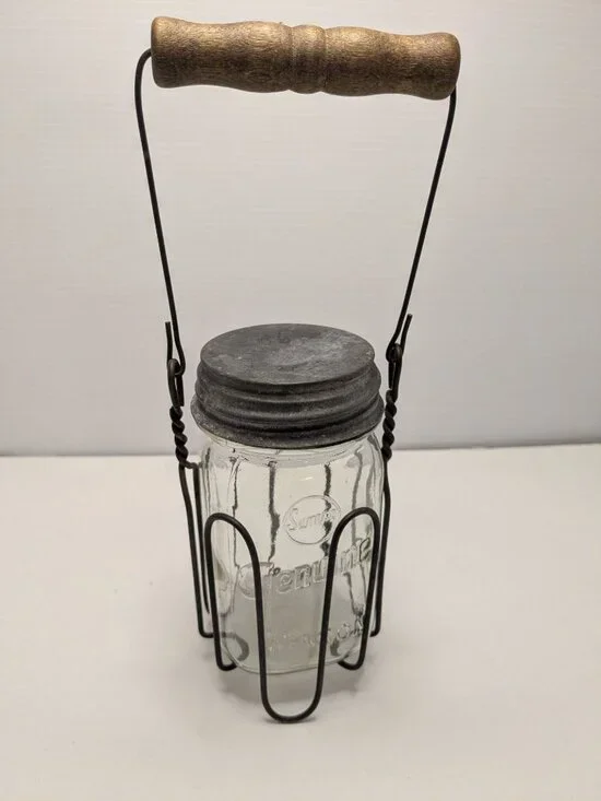 Vtg. Samco Genuine Mason Jar Steel Holder Wooden Handle Zinc Lid Moonshine Caddy