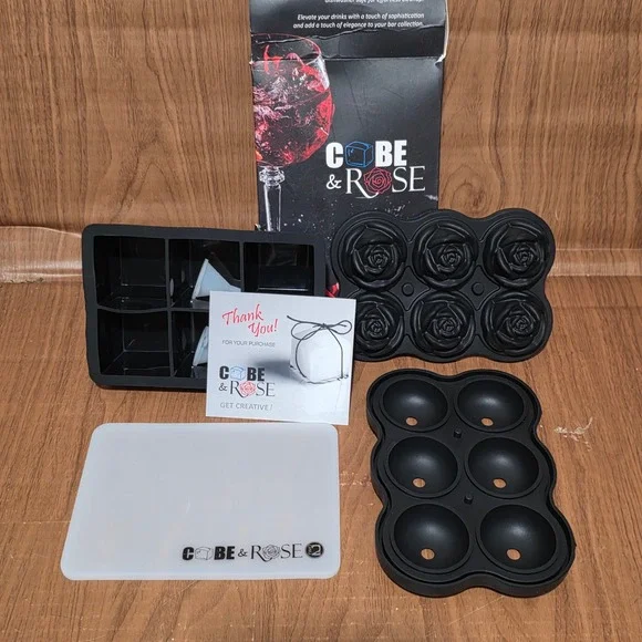 Cube & Rose Silicone Ice Mold Set 6 Large Cubes 6 Roses Black with Funnels NEW
