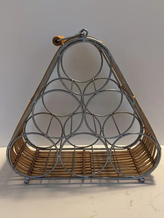 Wine Rack Wicker Bamboo Ratan Metal W/Handle Boho Modern Hippie Natural Earthy