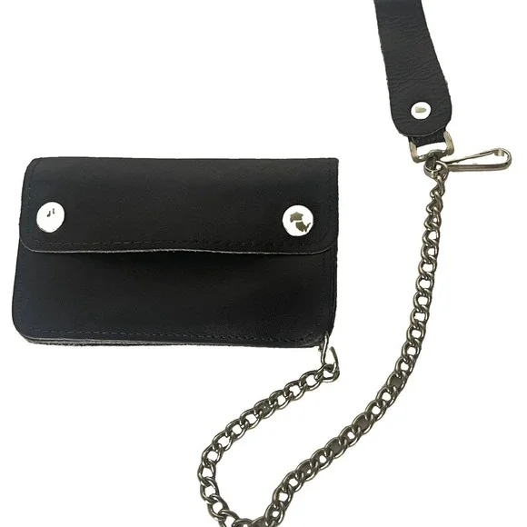 Black Genuine Leather Biker Chain Wallet Motorcycle Belt Loop Silver 13