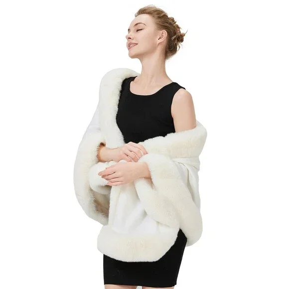 BEAUTELICATE Women's Faux Fur Wrap Shawl Stole Wedding Bridal Evening WHITE
