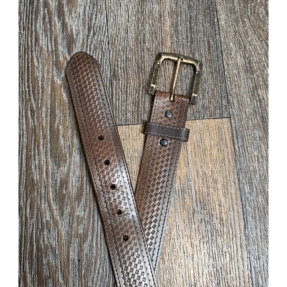 Mens Basketweave Embossed Brown Leather Western Belt Antique Brass Buckle 40
