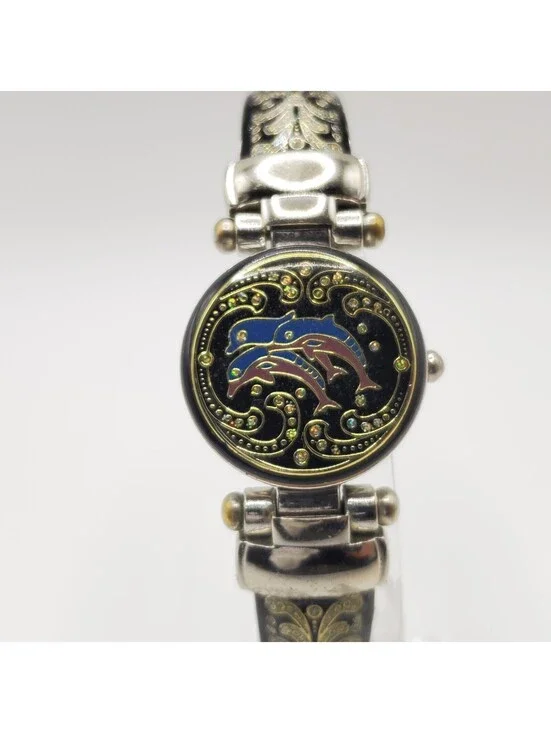Vivani Ladies Quartz Watch 28mm Enamel Dolphins Cuff Bracelet New Battery