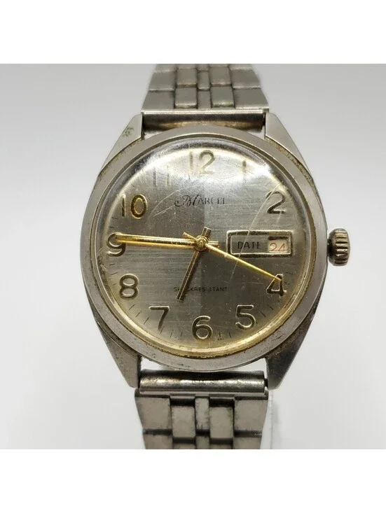 Vintage Mens Marcel Watch Running Fast Silver Tone Day/Date Dial