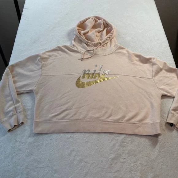 Nike Hoodie Womens L Pink Good Metallic Gold Silver Foil Logo Cropped Pullover