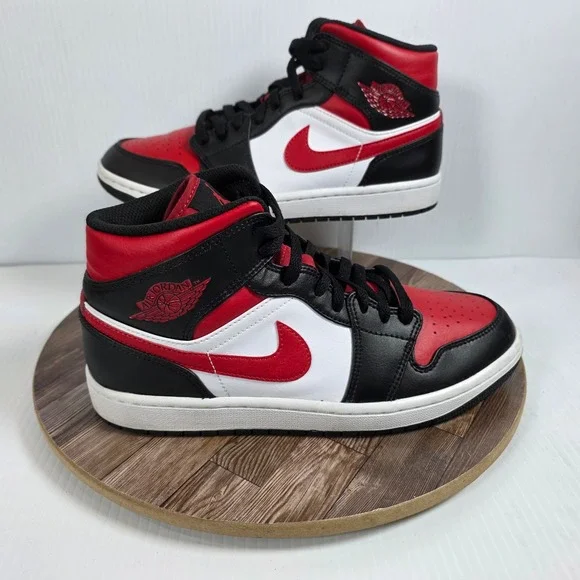 Nike Air Jordan 1 Mid Bred Toe Red/Black/White Leather Sneakers Size 8