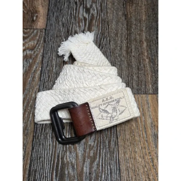 American Eagle Mens Braided Web Belt Cream Cotton Leather D-Ring Buckle AEO