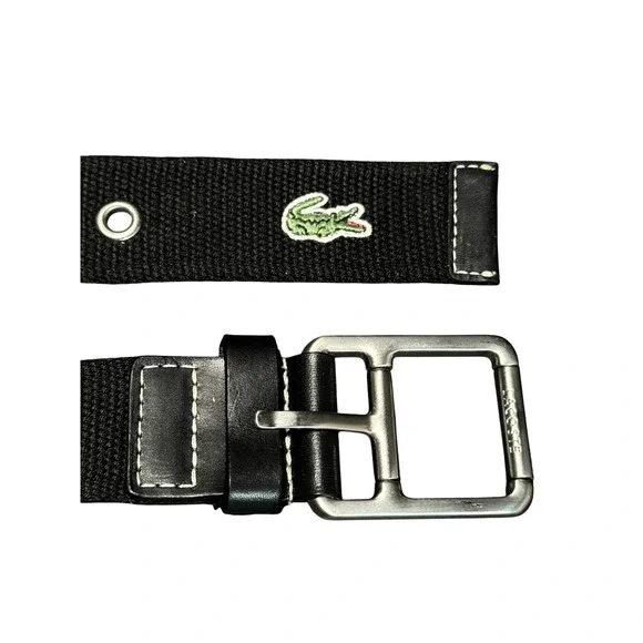 Lacoste Mens Black Canvas Web Belt Leather Trim Silver Buckle Size 34 Tenniscore