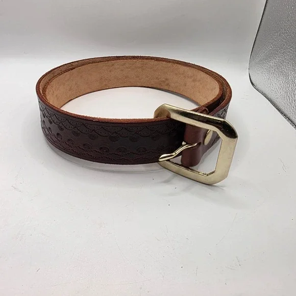 Vintage Mens Hand Tooled Leather Belt Brown Western Scalloped Pattern Size 42