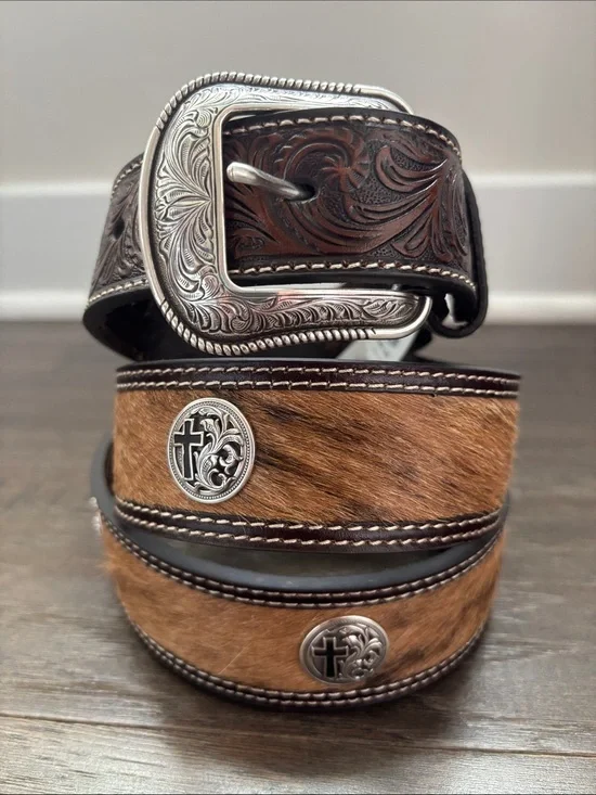 3D Belt Co.Genuine Leather,tooled,calf hair,cross concho,removable silver buckle
