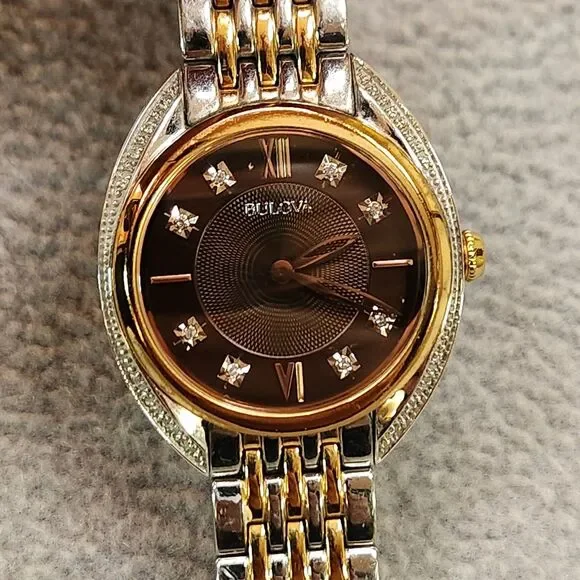 Bulova Women's Watch 98R230 Quartz Diamond Brown Dial Rose Gold Silver Tone 30mm