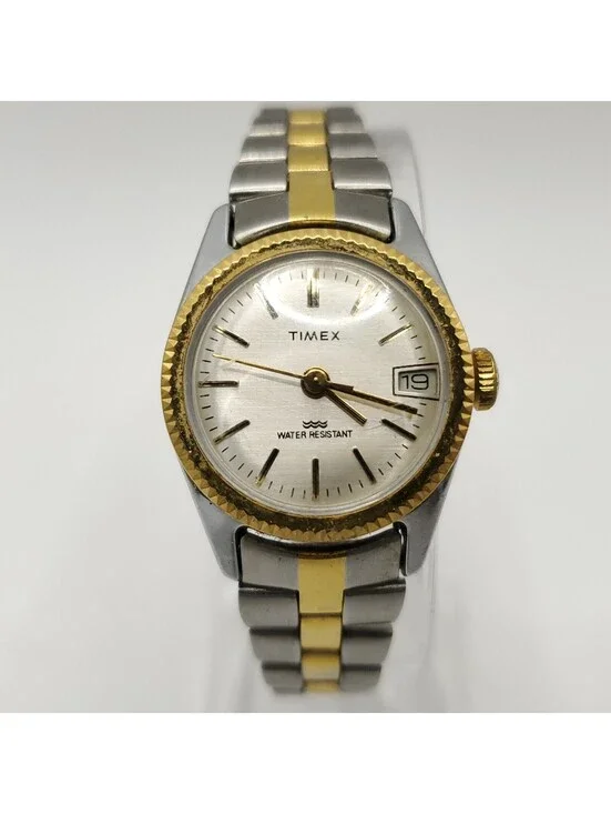 Timex Mechanical Date Dial Two-Tone Fluted Bezel Womens Watch 24mm Running