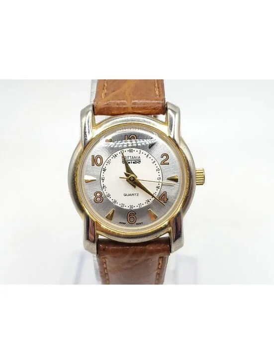 Brittania Quartz Womens Watch New Battery Gold Tone Brown Band 18mm