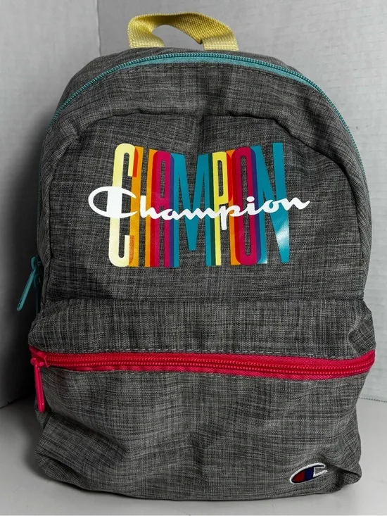 Champion Heather Gray Backpack with Multicolor Logo and Yellow Handle