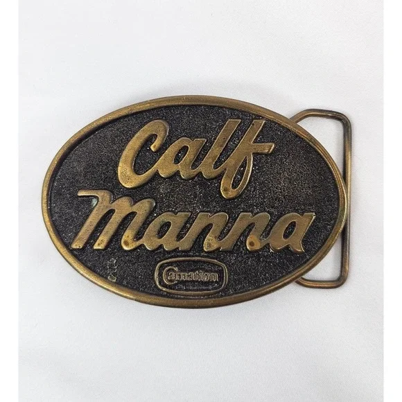 Vintage 1977 Carnation Calf Manna Solid‎ Brass Belt Buckle Award Design