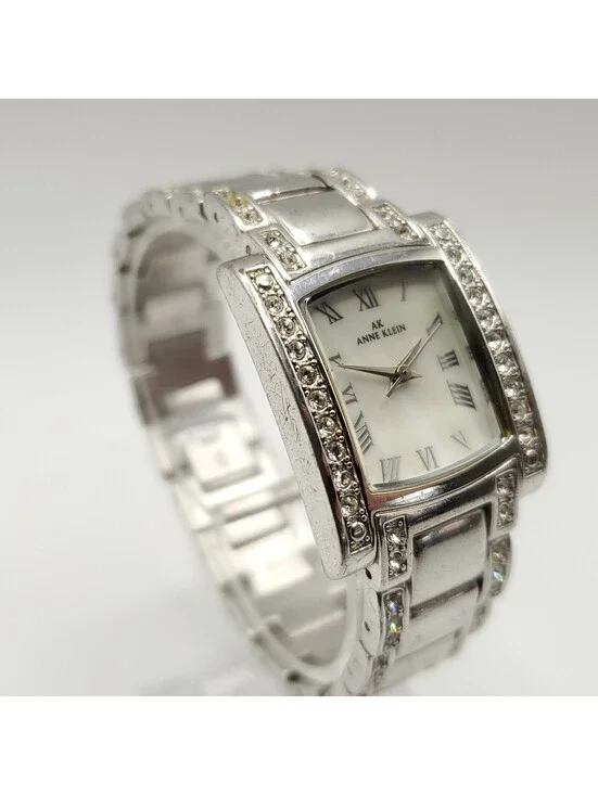 Anne Klein Watch Women 24mm New Battery Silver Tone Rhinestone Roman Numerals