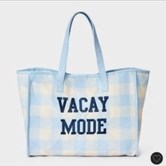Art Class Vacay Mode Tote Bag Girls One Size Blue Gingham Summer Beach NWT