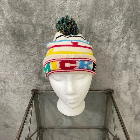 Disney Junior Mickey Mouse Beanie Hat Cuffed Pom Pom Rainbow OSFM