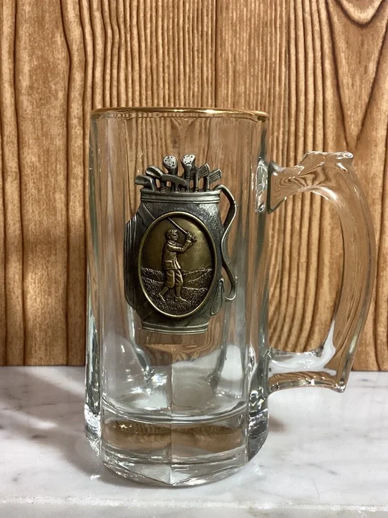 Glass Beer Stein with Brass Golf Emblem - Clear Raised Metal Medallion