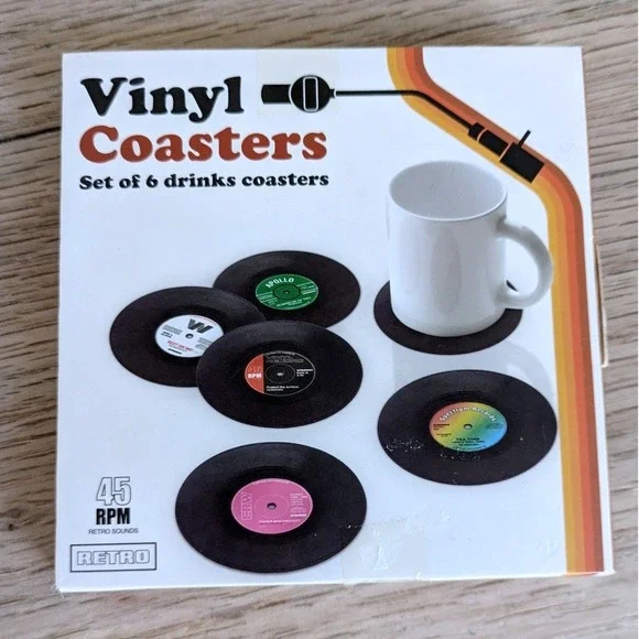 Retro Vinyl Record Coasters Set of 6 Black Multi Unisex OS Vintage Style‎ 45 RPM