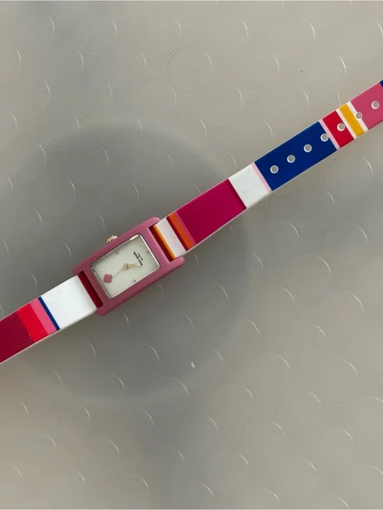 kate spade Multicolor Stripe Rectangle-Watch with Pink Case