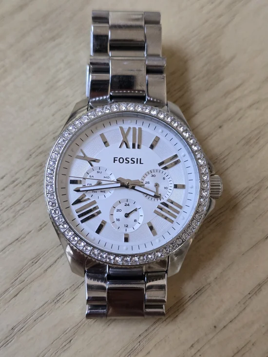 Fossil Silver and White Crystal-Accented Stainless Steel Watch