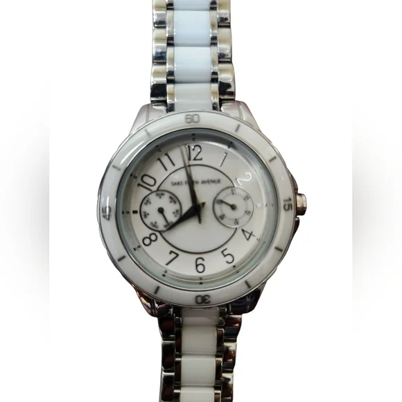 Saks Fifth Avenue Silver/White Mother Of Pearl Round Face Watch