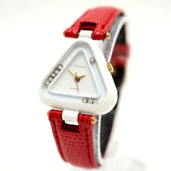 Vintage Edison White Triangle Art 26mm Womens Watch Red Leather w New Battery