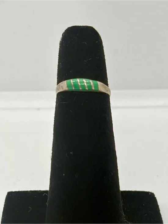 Vintage Sterling Silver Green Enamel Striped Baby Band Ring Size 1.5