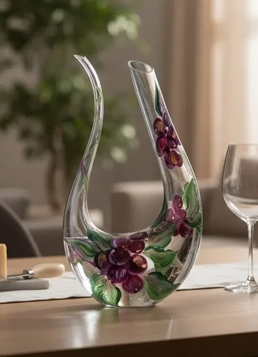 Hand Painted Floral Wine Decanter by NEX Glass Artist Signed 13 Inch Tall