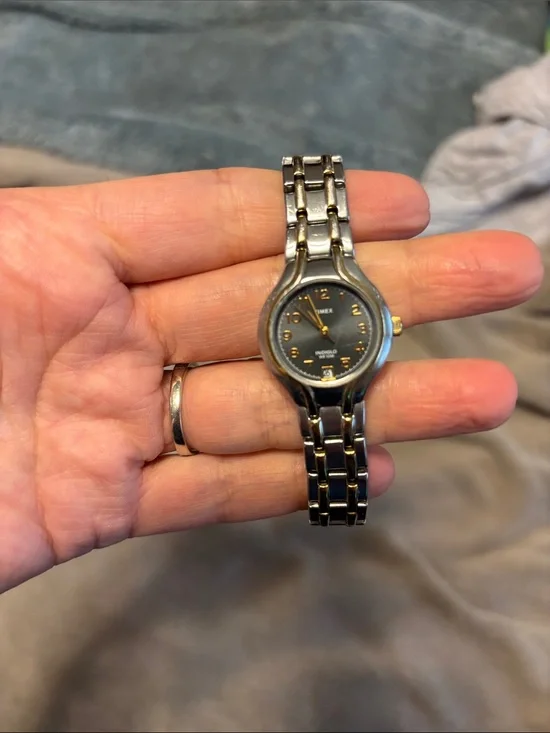 Timex Two-Tone Silver and Gold Link Watch with Black Dial