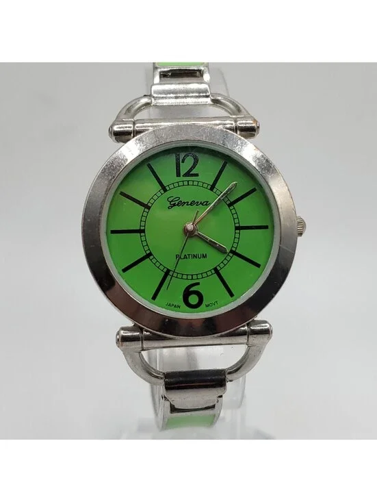 Geneva Platinum Womens Watch 34mm Green Silver Cuff Band New Battery