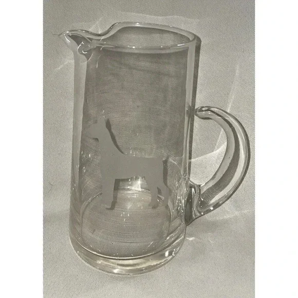 Doberman Pincher Etched Glass Pitcher With Handle Dog‎ Puppy 8 Inch Tall